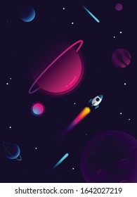 Rocket flying in space among planets, stars and comets. Vector illustration in bright colors with neon effect
