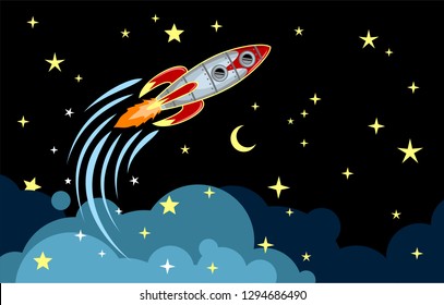 Rocket flying in space among the stars and clouds