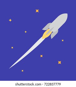 Rocket flying in space among stars. Vector illustration of spaceship with flames go out engine on dark blue background with light of far stars