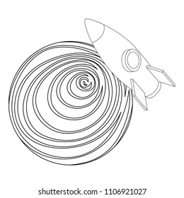 rocket flying in space around planet