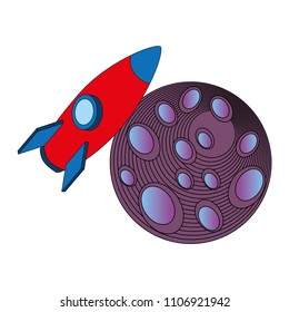 rocket flying in space around planet