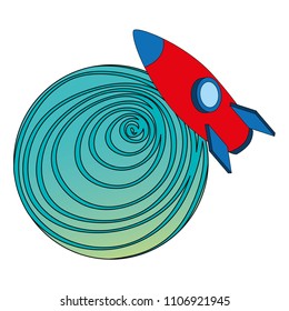 rocket flying in space around planet