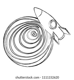 rocket flying in space around planet