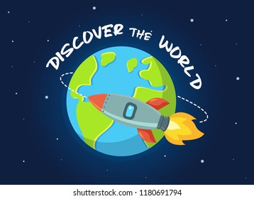 Rocket flying in space around the planet to discover the world in flat style