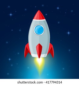 Rocket flying in space. Space background with rocket and stars.