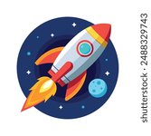 Rocket flying in space cartoon vector icon 