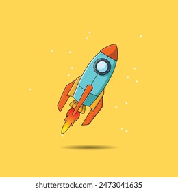 A rocket flying in space cartoon vector icon illustration. Science and technology icon concept.