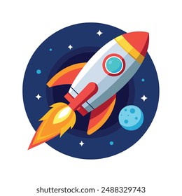 Rocket flying in space cartoon vector icon 