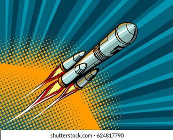 Rocket Flying In Space Comic Book Pop Art Retro Style Vector Illustration