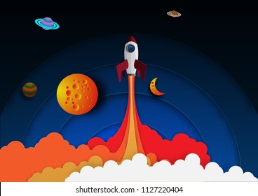 The rocket flying in space. Concept business idea, startup, exploration.Vector illustration in modern paper cut style.