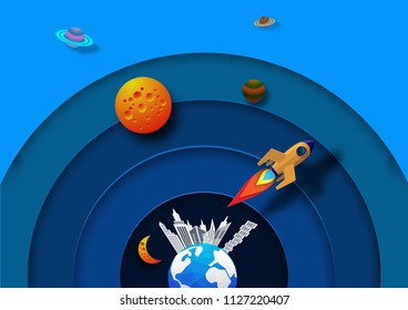 The rocket flying in space. Concept business idea, startup, exploration.Vector illustration in modern paper cut style.