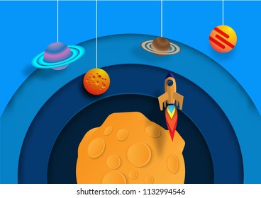 The rocket flying in space. Concept business idea, startup, exploration.Vector illustration in modern papercut style.