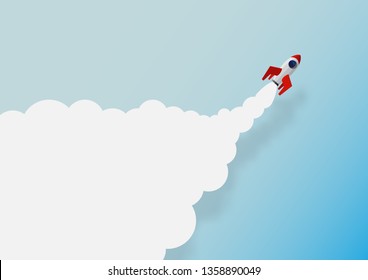 The rocket flying in space. Concept business idea, startup, exploration.Vector illustration in modern papercut style.