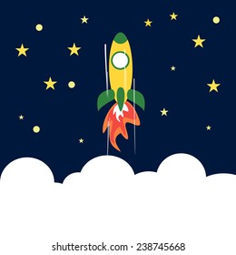 Rocket Flying Up to Space. Concept of Success. Vector Illustration in Flat Style. 