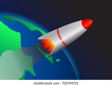 Rocket flying in space, Earth in the background