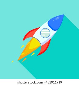 Rocket flying in space, flat icon. Vector graphic design