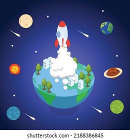Rocket flying in space isometric 3d vector illustration concept for banner, website, illustration, landing page, flyer, etc.