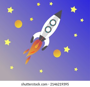 rocket flying in space with moon and stars, vector illustration