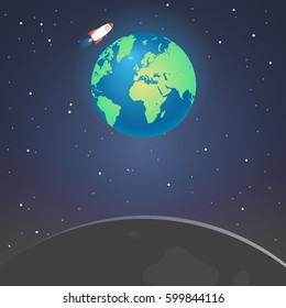 Rocket flying in space near the earth and moon. Concept.  Start up, business and promotion for success. Rocket and the space.