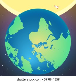 Rocket flying in space near the earth and sun. Concept.  Start up, business and promotion for success. Rocket and the space.