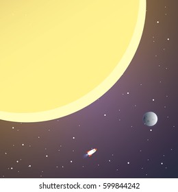 Rocket flying in space near the sun and moon. Concept.  Start up, business and promotion for success. Rocket and the space.