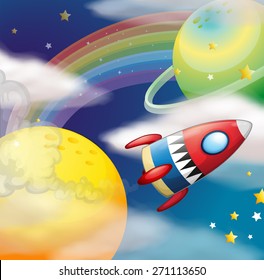 Rocket flying in the space at night