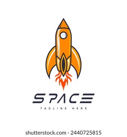 Eine Rakete fliegt im All. Die Rakete ist orange und gelb