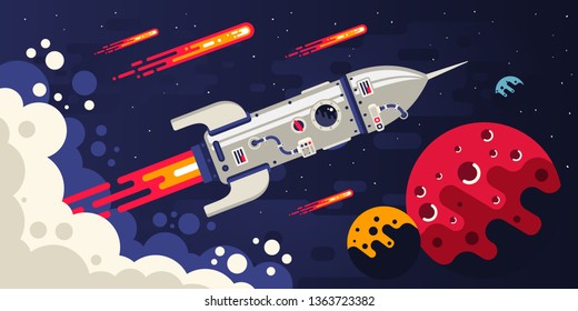 Rocket flying in space to other planets. Spaceship surrounded by comets and celestial bodies. Vector flat illustration.