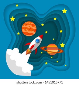 rocket flying in the space, paper cut style