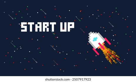 Rocket flying in space pixel art. Rocket launching. Business startup idea.	