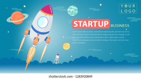 Rocket flying in space with planet, concept for business startup, product launching, vector illustration.