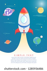 Rocket flying in space with planet, concept for business startup, product launching, vector illustration.