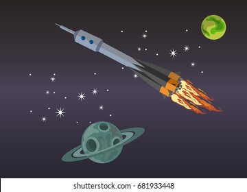 Rocket flying in the space, planets, stars vector illustration
