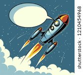 Rocket flying in space with stars on background and speech bubble. Vintage poster. Pop art vector illustration.