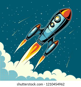 Rocket flying in space with stars on background. Vintage poster. Pop art vector illustration.