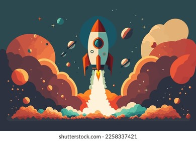 Rocket flying in space. Start up business concept. Flat design vector illustration in flat color cartoon style