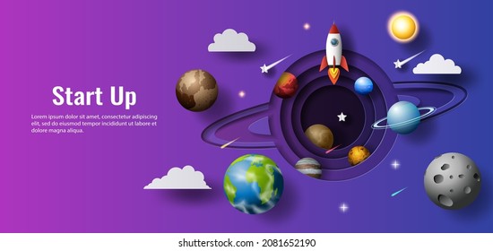 A rocket flying in space, start up concept, design banner template, paper illustration, and 3d paper.