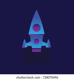 Rocket flying in space. Vector illustration. Flat style. on Blue background. icon