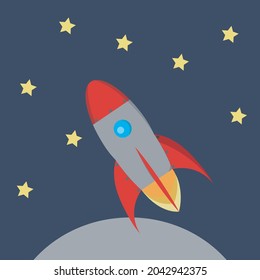 rocket flying spaceship with planet in space with yellow stars