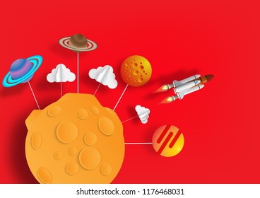 The rocket flying in space.Vector illustration in modern papercut style.