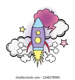 rocket flying with speech bubble pop art style