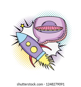 rocket flying with speech bubble pop art style