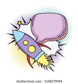 rocket flying with speech bubble pop art style