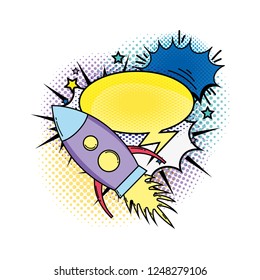 rocket flying with speech bubble pop art style