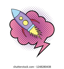 rocket flying with speech bubble pop art style