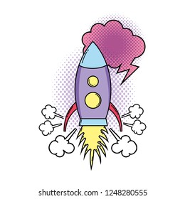 rocket flying with speech bubble pop art style