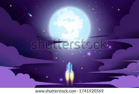  rocket flying in the star to the full moon. Paper art and craft style design. illustration for business startup concept on dark night background for poster or banner. Space rocket launch and galaxy.