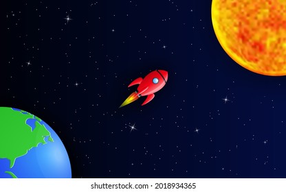 Rakete fliegt im Sternengalaktischen Raum von der Erde zur Sonne. Vektorgrafik im Papierschnitt-Stil.