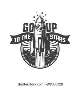 Rocket flying to the stars -  round logo in retro oldschool style.