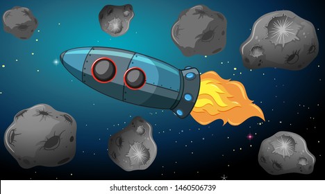 Rocket flying through asteriods illustration